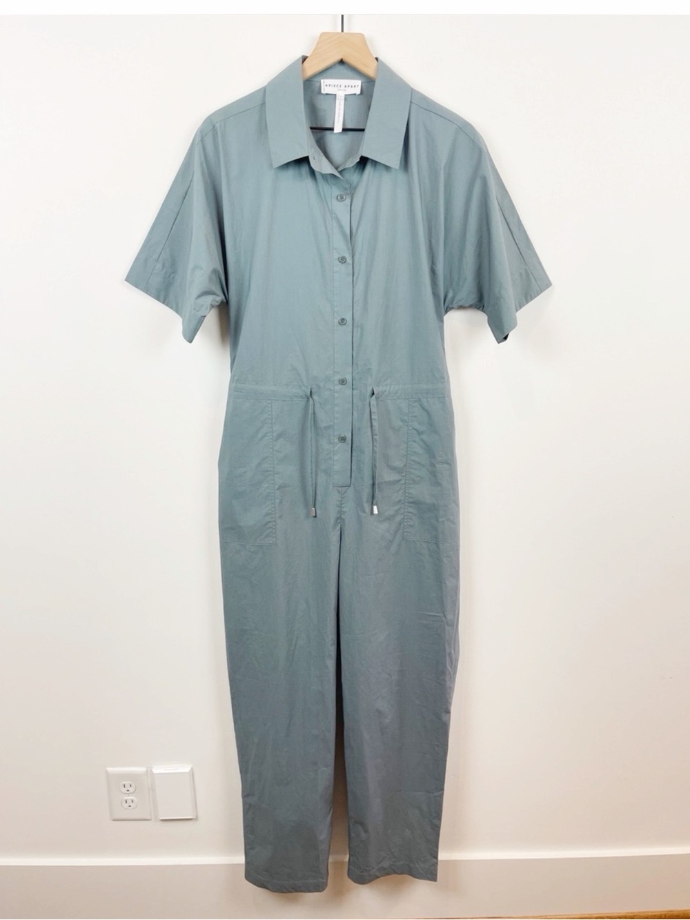 Apiece Apart Slate-Blue Short Sleeve Drawstring Jumpsuit Cut Out Back